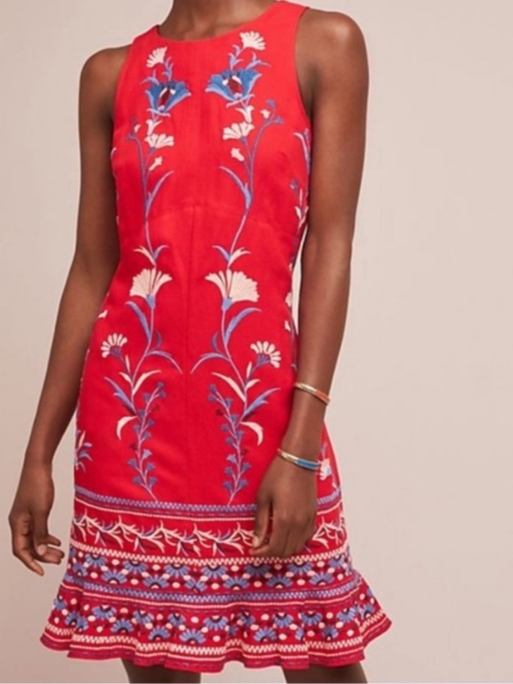Anthropologie Akemi + Kin Lila Embroidered Flounce Dress Red S